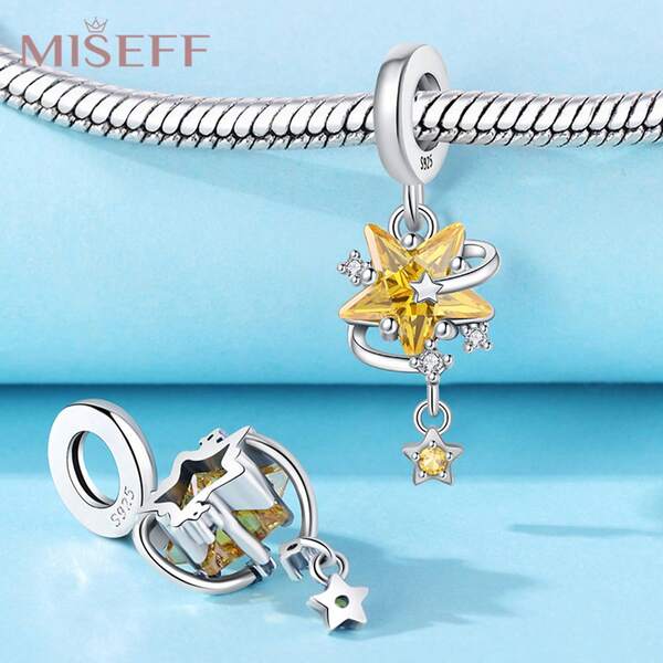 MISEFF 1 pezzo Ciondolo a nappina con zirconia gialla a forma di stella in argento sterling 925 genuino, per braccialetti, creazione di gioielli fai-da-te, regali, gioielli a perline per donne, regali di compleanno