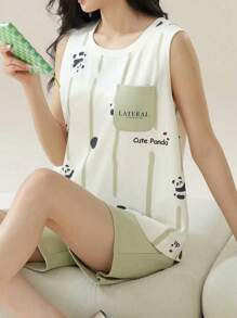 AICJ 2pcs/Set Women Casual Cute Panda & Letter Print Short Sleeve Vest Top And Shorts Pajamas Set, Soft And Comfortable For Spring/Summer Lounge Wear