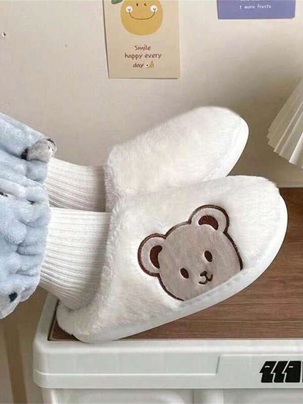 نعال منزلية مبطنة بالفرو بتصميم دب كرتوني مبتسم أنيق وغير انزلاقي، نعال منزلية شتوية للنساء مناسبة للخريف والشتاء