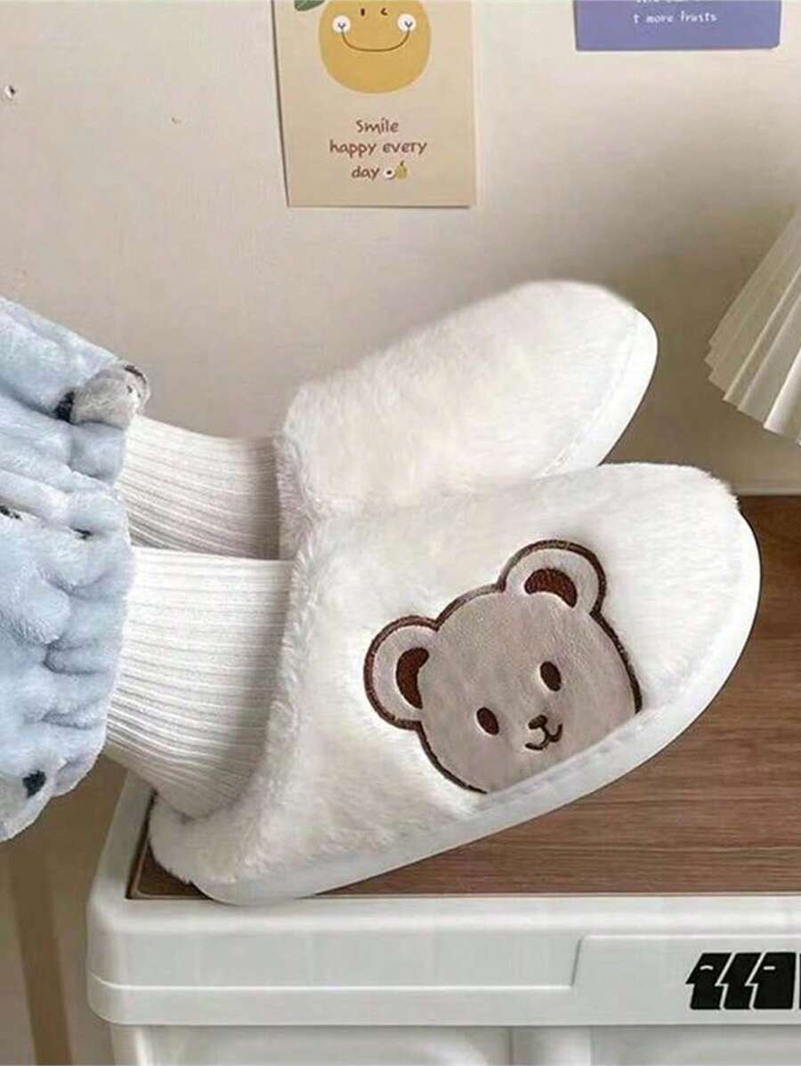 时尚可爱笑脸熊卡通防滑舒适毛绒家居拖鞋，女士冬季拖鞋，秋冬家居拖鞋 - 白色 - 查看 1
