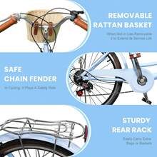 Beach Cruiser Bike For Women, 24 26 Inch 7 Speed Commute Bike For Adults, Womens Bicycle With Ratten Basket And Adjustable Seat, Lightweight Step Through Bike For Adults Women Ladies - Blue - View 4