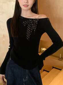 Alicedudu Women's Autumn/Winter Elegant Slim Fit Polka Dot Bow Design Pullover - Black - View 5