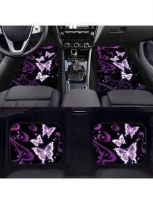 Easypie Selection Ull Set Of 4pcs/2pcs Car Floor Mats Car Steering Wheel Cover Women Universal Accessories Car Interior Decoration, Shiny Purple Butterfly, Car Seat Mats, Purple Butterfly Print Car Front And Rear Seat Floor Mats Car Carpet Purple Floor Mats For Car Decoration Accessories,Purple Car Accesaories - Purple Butterfly - View 6