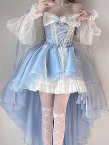 Blue Lolita Dress Design, Short In Front And Long In Back, Bride, Heavy Industry, Big Ribbon, Princess With Tail - Màu xanh (có tay áo và hoa) - Xem 6