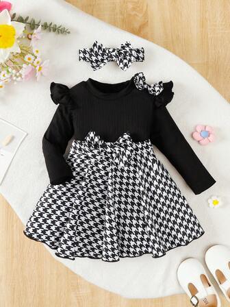 2pcs Baby/Toddler Girls' French Elegant Set: Black & White Houndstooth Dress + Black Ruffle Trim Flare Sleeve + Headband, 0-5 Years Old Knitted Striped Dress, Daily Wear & Photography Outfit, Spring/Autumn 2025 New Arrival