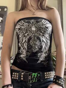 Women's Y2k Fairy Grunge Tube Top Goth Wing Graphic Print Slim Fit Strapless Top Summer Teen Girl Gothic Emo Crop Tops Vintage Aesthetic Clothes Halloween Streetwear