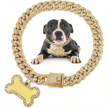 Hillban Dog Chain Golden Diamond Collar With Pet ID Jewelry Tags Rhinestones Stainless Steel Metal Link Collar Walking Chain Necklace For Puppy Boys Girls Small Dogs(8 Inch) - 8 inch - 查看 1