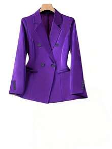 Plus Size Business/Commute Solid Color Double-Breasted Suit Jacket Spring - Purple - View 4