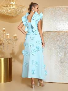 全新优雅 3D 花卉装饰时尚荷叶边无袖连衣裙，女士长款正式礼服，适合婚礼宾客、伴娘、派对、晚会 - 藍色 - 查看 5