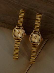 1pc New Vintage French Style Elegant Gold Square Small Dial Women's Wrist Watch, Fashion Minimalist Elegant, Luxury Graceful, Waterproof, Stainless Steel Strap, Classic Ladies Quartz Watch, Suitable For Daily Wear, Formal Events And Various Occasions, Adorn Your Wrist. - Gold - View 2