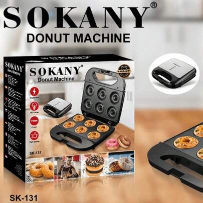 1 máquina para hacer donas Sokany tipo enchufable de 750 w para uso doméstico, Sk-131. Con gran potencia de 750 W, calentamiento rápido, calentamiento de doble cara y calentamiento equilibrado. Sin vapores de aceite, menos aceite y saludable, seguro con una placa espesa revestida antiadherente y fácil de limpiar. Este aparato está fabricado en con un funcionamiento sencillo y un material grueso para mayor seguridad. Tiene un mango resistente al calor para evitar quemaduras.