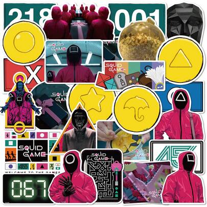 SQUID GAME 25 Stücke Süßigkeiten Aufkleber, ikonische und einzigartige Designs, Charaktere, Symbole und Spielszenen Graffiti Aufkleber, perfekt für Laptop, Handy, Wasserflaschen, Scrapbooking, DIY Projekte, Geschenk für Fans