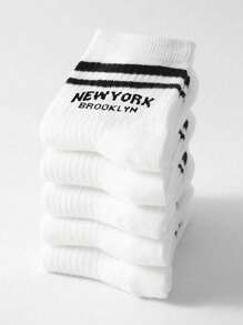 5pairs/Pack Two Stripes Letter Sport Mid-Calf Socks For Kids, Suitable For Daily Wear