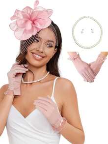 Ibeauti Fascinator Hats With Screentouch Lace Gloves Set Women Tea Party Cocktail Wedding Derby Headwear Short Gloves - 07 Xanh lá cây - Xem 7