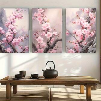 3 piezas de impresiones de arte en lienzo envuelto, con marco opcional de pino, orientación vertical, estilo moderno clásico art decó, encantadoras flores de cerezo rosadas arte abstracto acuarela, moda, para decoración de pared en bar, cafetería, hogar, dormitorio, sala de estar, cocina, oficina en casa, para uso interior y exterior en primavera e invierno