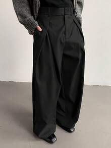 男士纯色休闲褶裥阔腿裤 - 黑色 - 查看 1