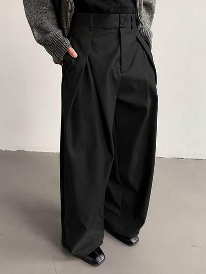 男士纯色休闲褶裥阔腿裤