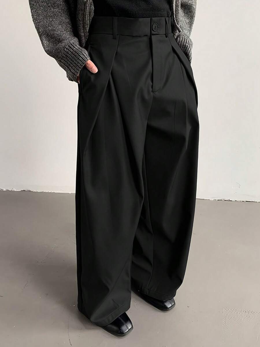 男士纯色休闲褶裥阔腿裤 - 黑色 - 查看 1