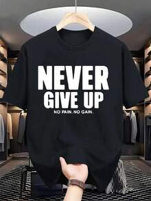 Popular  Men's Short Sleeve Shirts Never Give Up Letter Pattern Print Casual Summer Tops, Men's Fashion Casual Round Neck Short Sleeve, Suitable For Daily Wear And Various Occasions. Roomy And Comfortable - màu đen - Xem 12