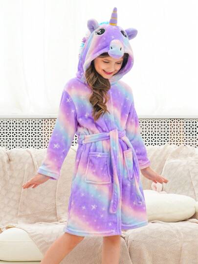 Chicas Bata de baño jóven brillante púrpura estrellado con unicornio