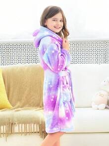 Bata con capucha de manga larga con estampado de galaxia morada y orejas de gato adorables para niña preadolescente - Multicolor - Ver 4