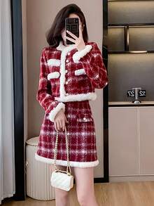 RUIWY 2 件套节日派对女士服装：格子图案夹克和修身迷你裙，温暖时尚，适合春季和冬季 - 紅色 - 查看 6