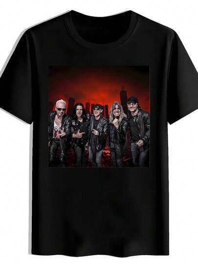 Camiseta Gráfica Negra para Hombre - Impresión de Banda de Rock Retro, Camiseta Casual de Cuello Redondo y Manga Corta, Esencial de Verano, Mezcla de Poliéster, Lavable a Máquina, Con Banderas Icónicas como Scorpions, U2, KISS y Más, Mercancía de Banda| Diseño de paisaje urbano| Acabado Brillante, Camisetas de Banda