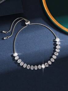 3件套闪亮圆形和方形几何锆石可调节网球手链，适合女性和女孩日常佩戴 - 白色 - 查看 6