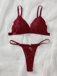 Conjunto de lencería sexy para mujer con blusa de encaje con tirantes finos y espalda descubierta y braga tipo g-string