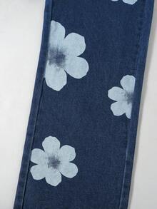Girls' Casual Floral Print Washed Straight Leg Jeans, Dark Blue, Autumn/Winter New Arrival - Dark Wash - View 5