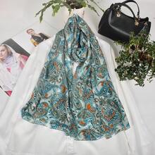 100% Mulberry Silk Scarf For Women Lightweight Long Scarves Beach Wraps Cover Up -Travel Photography Scarfhalloween - 藍白佩斯利花紋 - 查看 10