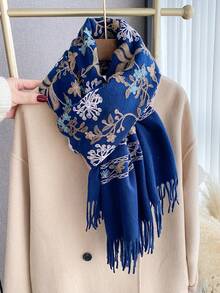 1件装女士秋冬仿羊绒刺绣围巾，加厚保暖流苏刺绣波西米亚风旅行披肩斗篷，可搭配连衣裙 - 藏蓝色 - 查看 2