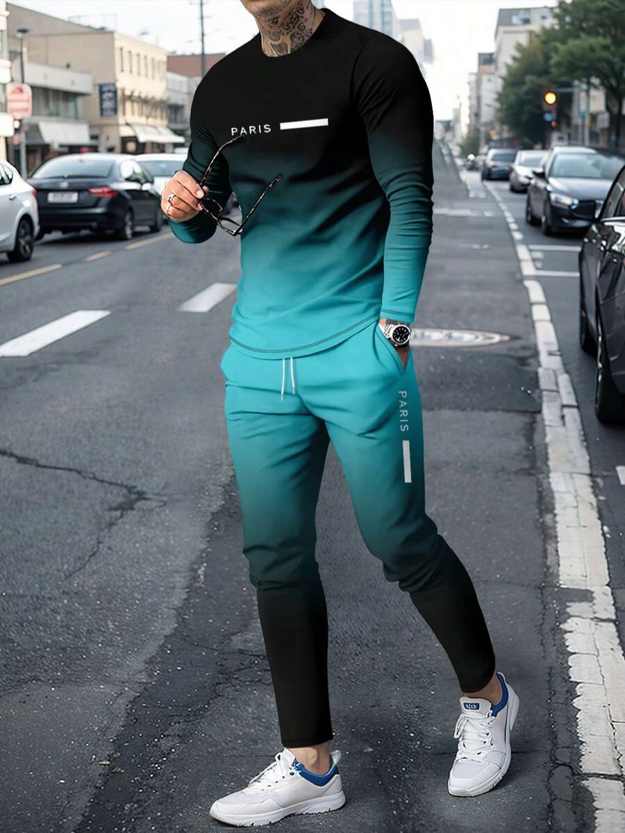 Men Ombre Letter Print Long Sleeve T-Shirt And Pants Set, Fall Clothes