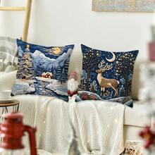 1 pieza Funda de almohada con impresión plana 2D de escena navideña con nieve, serie de paisajes nocturnos y nevados con bordado no real, casa cálida con montaña nevada, renos, muñeco de nieve y escenario de pueblo impreso, funda de almohada decorativa navideña de invierno cálido para sofá, decoraciones navideñas, artículos de funda de almohada navideña, decoraciones de ambiente navideño, funda de almohada navideña 2026