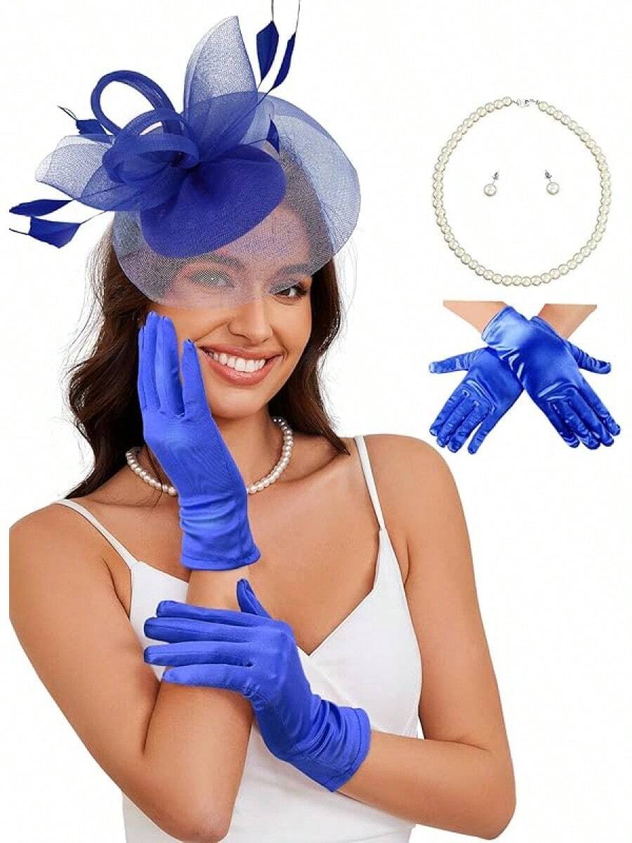 Ibeauti Fascinator Hats With Screentouch Lace Gloves Set Women Tea Party Cocktail Wedding Derby Headwear Short Gloves - 07 Blue - 查看 1