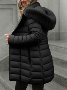 Giolshon 女士休闲连帽羽绒服，带口袋，轻便羽绒服，适合日常穿着，黑色，冬季款 - 黑色 - 查看 4