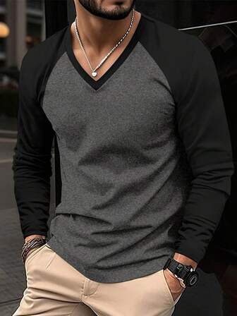 男士休闲V领撞色插肩袖T恤，宽松百搭，适合日常穿着和运动，春秋季款