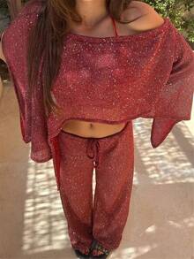 Women Sequin Shiny Glitter Knit Poncho Off Shoulder See-Through Crochet Cape Sheer Shrug Lightweight  Summer Holiday Beachwear Sheer Mesh Swimsuit Bikini Cover Ups Poncho Top Shawl - Đỏ - Xem 1