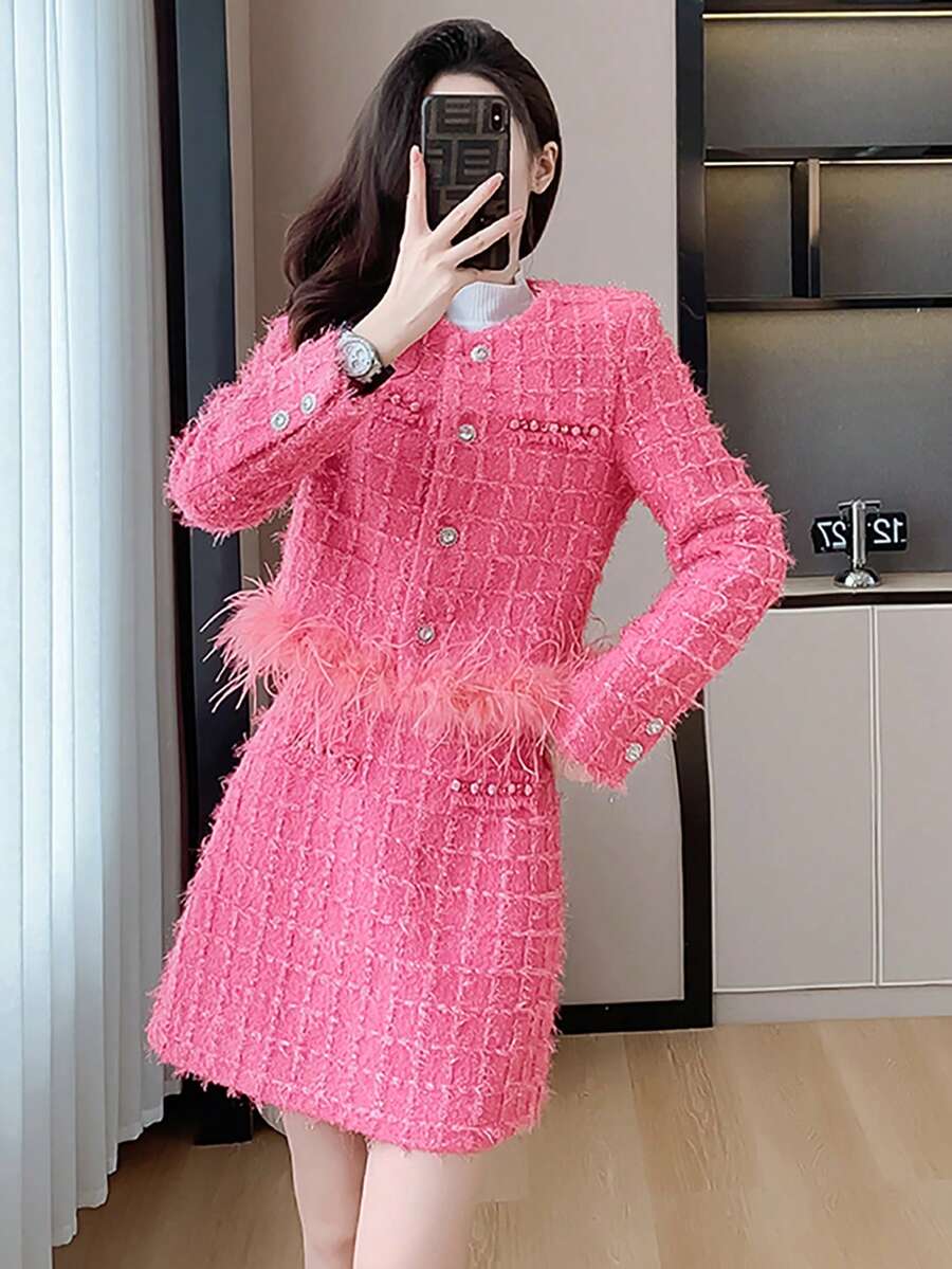 RUIWY 2 件套女士时尚经典格子优雅粉色夹克和迷你裙套装，秋季 - 粉色 - 查看 1