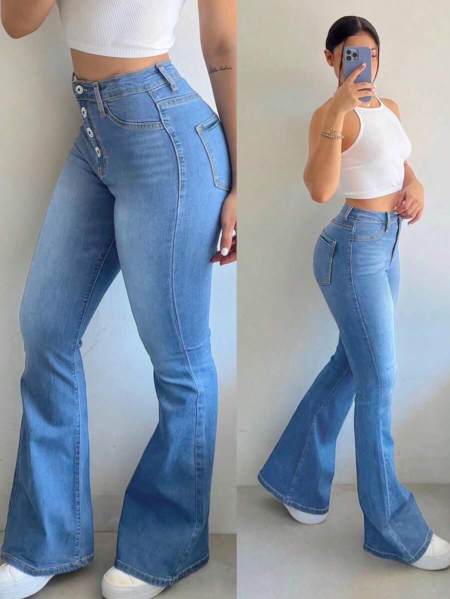 Women's Stretch Skinny Jeans Women's - Hip Lift Slimming Micro Pants Front Buckle Slimming God Pants All Match Leg Long Flare Pants European And American Retro Spice Pants - 淺色水洗藍 - 查看 1