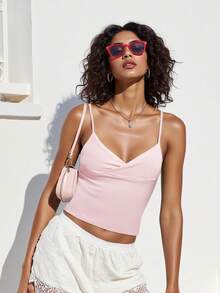 Women Y2k Spaghetti Strap Camisole Crop Tank Top Cami Tops Floral Print Sleeveless V Neck Solid Color Slim Fit Backless Vest Going Out Tops Clubwear Streetwear Summer Outfit Aesthetic Clothes - 粉色 - 查看 4