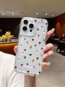 Christmas Gingerbread Man Red Heart Print Phone Protective Case, Snowman Snowflake Santa Claus Candy Cane Graphic Print Transparent Phone Case, Airbag Cushion Full Coverage Shock-Proof Anti-Fall TPU Soft Case, Compatible With IPhone & Galaxy Phones