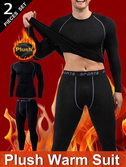 Men's Outdoor Thermal Underwear Set, Fleece Lined Thick Warm Base Layer Top And Bottom, Solid Color Long Sleeve Crew Neck Shirt And Pants, Suitable For Cold Weather Outdoor Activities Like Skiing In Autumn/Winter