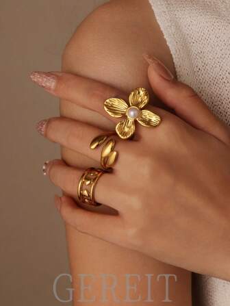 GEREIT 3 件 18K 不锈钢心形和人造珍珠花朵开口戒指套装，时尚女士日常佩戴