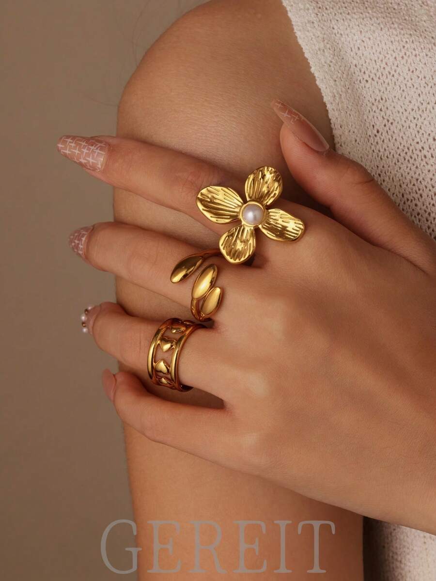 GEREIT Set Cincin Terbuka 3 Buah dari Baja Tahan Karat 18K dengan Bentuk Hati dan Bunga Mutiara Imitasi, Cocok untuk Pemakaian Sehari-hari Wanita, Hadiah Hari Ibu - Emas - View 1