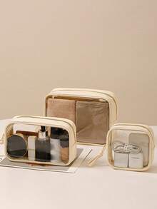 1 pieza Bolsa de aseo transparente impermeable, de gran capacidad y portátil para maquillaje, viajes al aire libre, natación, adecuada para guardar ropa interior, toallas, ropa en la maleta; tamaño mediano para cosméticos, lápiz labial; tamaño pequeño para cargadores, lápiz labial, fácil de llevar en el equipaje - Beis - Ver 4