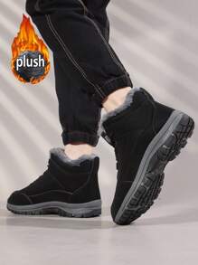 Winter New Men's Boots, Flat Low-Top Men Boots, Outdoor Hiking Shoes, PU Leather Men's Leather Boots, Front Lace-Up Ankle Boots, Rubber Sole Anti-Slip Work Boots, Fleece Lining Warm Waterproof Snow Boots