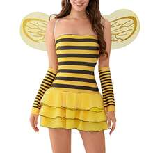Women Halloween Costumes Outfit Sleeveless Ladybug Bee Adult Cosplay Costume Dress Up With Headband Wings - 黃色 - 查看 1