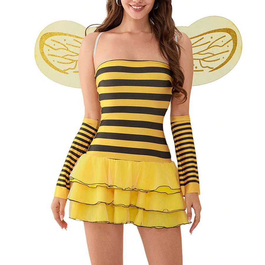 Women Halloween Costumes Outfit Sleeveless Ladybug Bee Adult Cosplay Costume Dress Up With Headband Wings - 黃色 - 查看 1