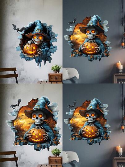 1 st läskig Halloween-dödskallepumpa-väggdekoration - självhäftande, klassisk stil, plast, lämplig för vardagsrums- och sovrumsdekoration, Halloweendekorationer